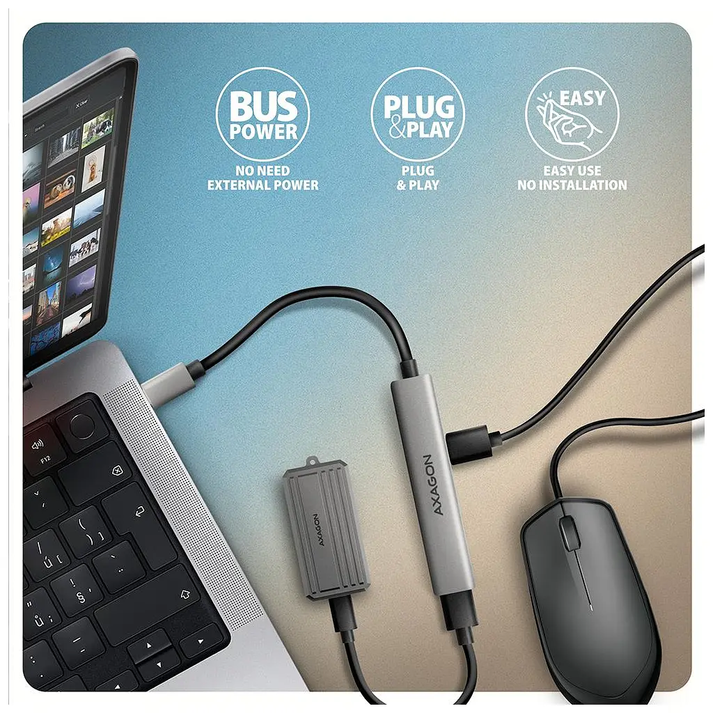 Концентратор AXAGON USB-C to 1xUSB-A 5Gbps + 2xUSB-A 480Mbps + 1xUSB-C 480Mbps 0.12m aluminum (HUE-STC) - фото 5