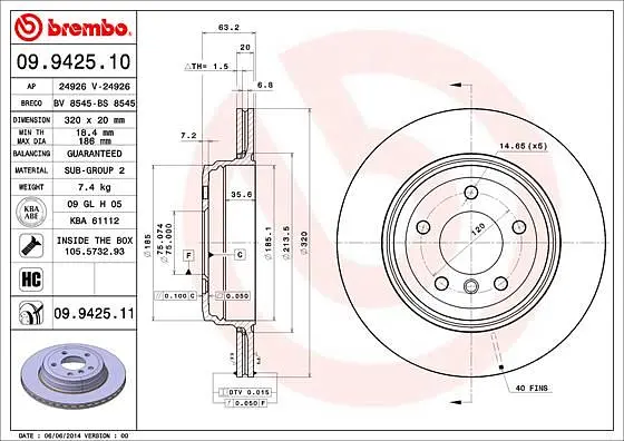Диск гальмівний задній вентильований Bmw 5, 6 01-10р Brembo (09.9425.11) - фото 2