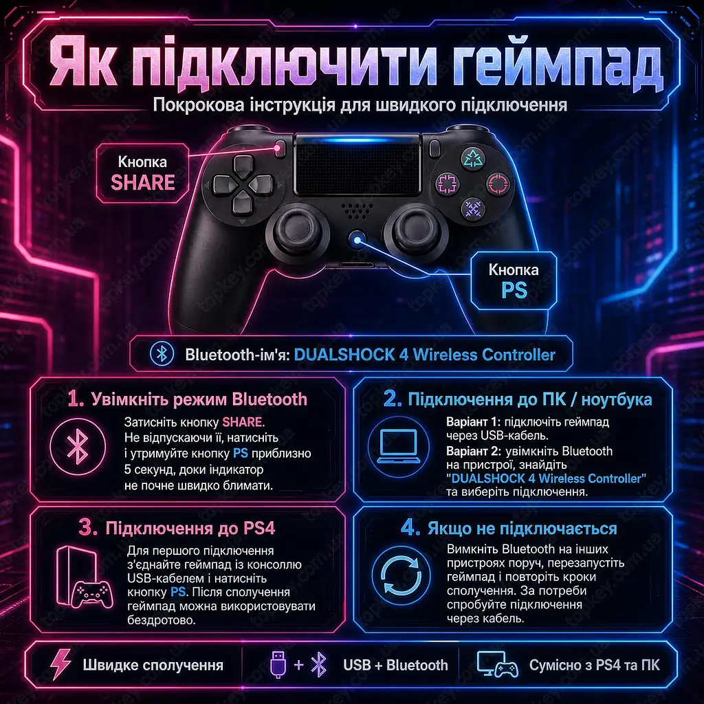Бездротовий геймпад 1000 mAh / джойстик для PS4, ПК, Android та iOS з Bluetooth 5.2 - фото 11