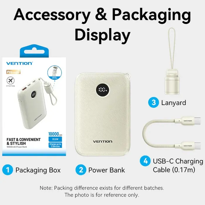 Універсальна мобільна батарея Vention 10000mAh 22,5W Fast Charging, USB-A, 2xUSB-C Beige - фото 3
