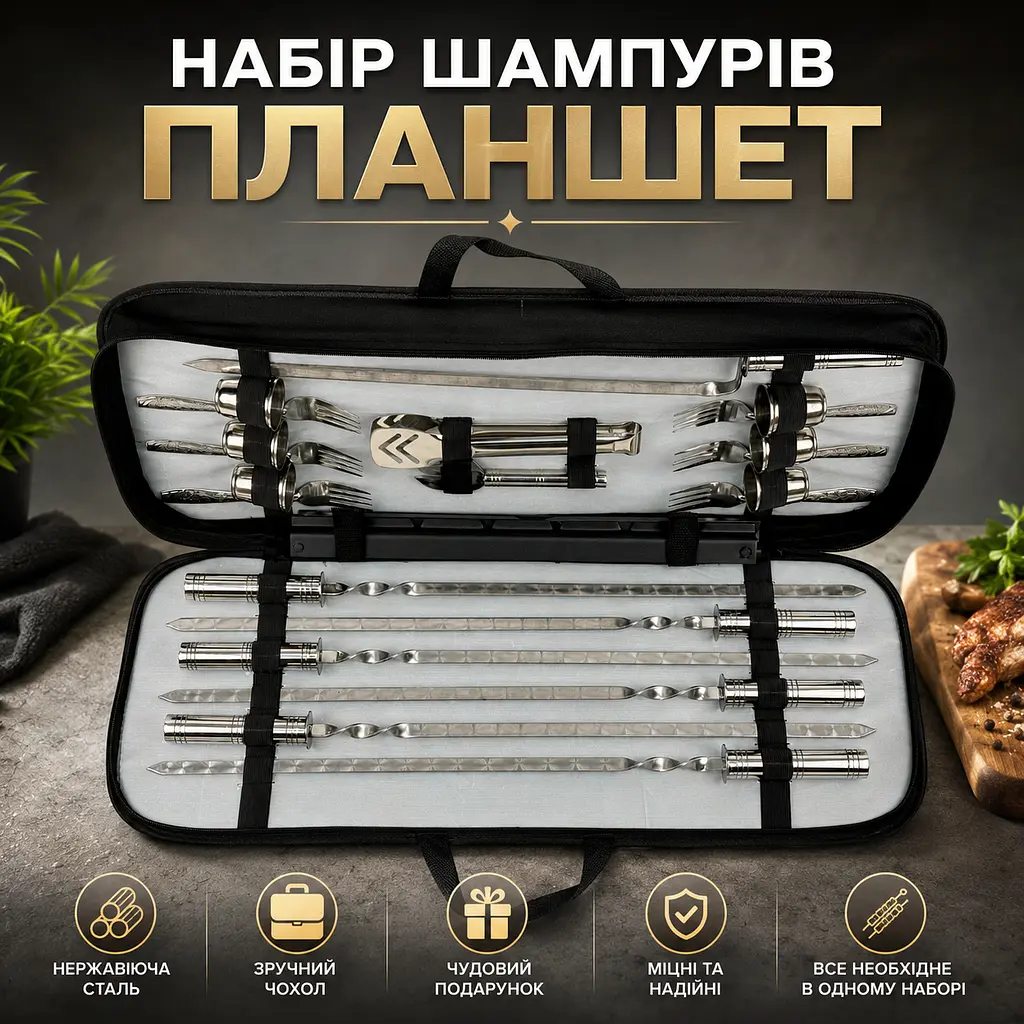 Подарунковий набір шампурів з нержавіючої сталі у чохлі з аксесуарами "TABLET №3" - фото 2