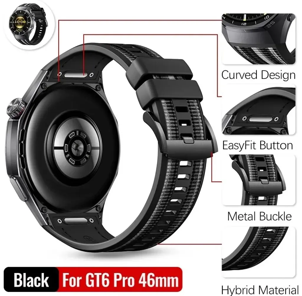 Силіконовий ремінець Primolux Nylon Silicone для смарт-годинника Huawei Watch GT 6 Pro 46mm - Black Silver - фото 4