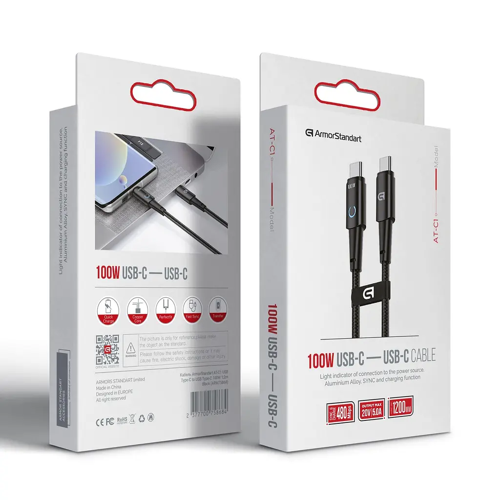 Кабель ArmorStandart AT-C1 USB Type-C to USB Type-C 100W 1,2m Black (ARM75868) - фото 2