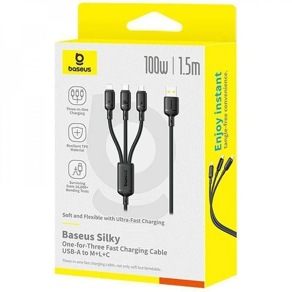 Кабель Baseus Silky One-for-Three Fast Charging USB to Micro USB+Lightning+Type-C 100W 1.5m black (P10377705123-00) - фото 2