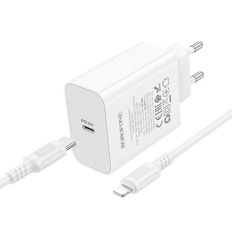 Мережевий зарядний пристрій BOROFONE BA107A Stellar single port PD30W charger set (C to iP) (EU) Білий - фото 3