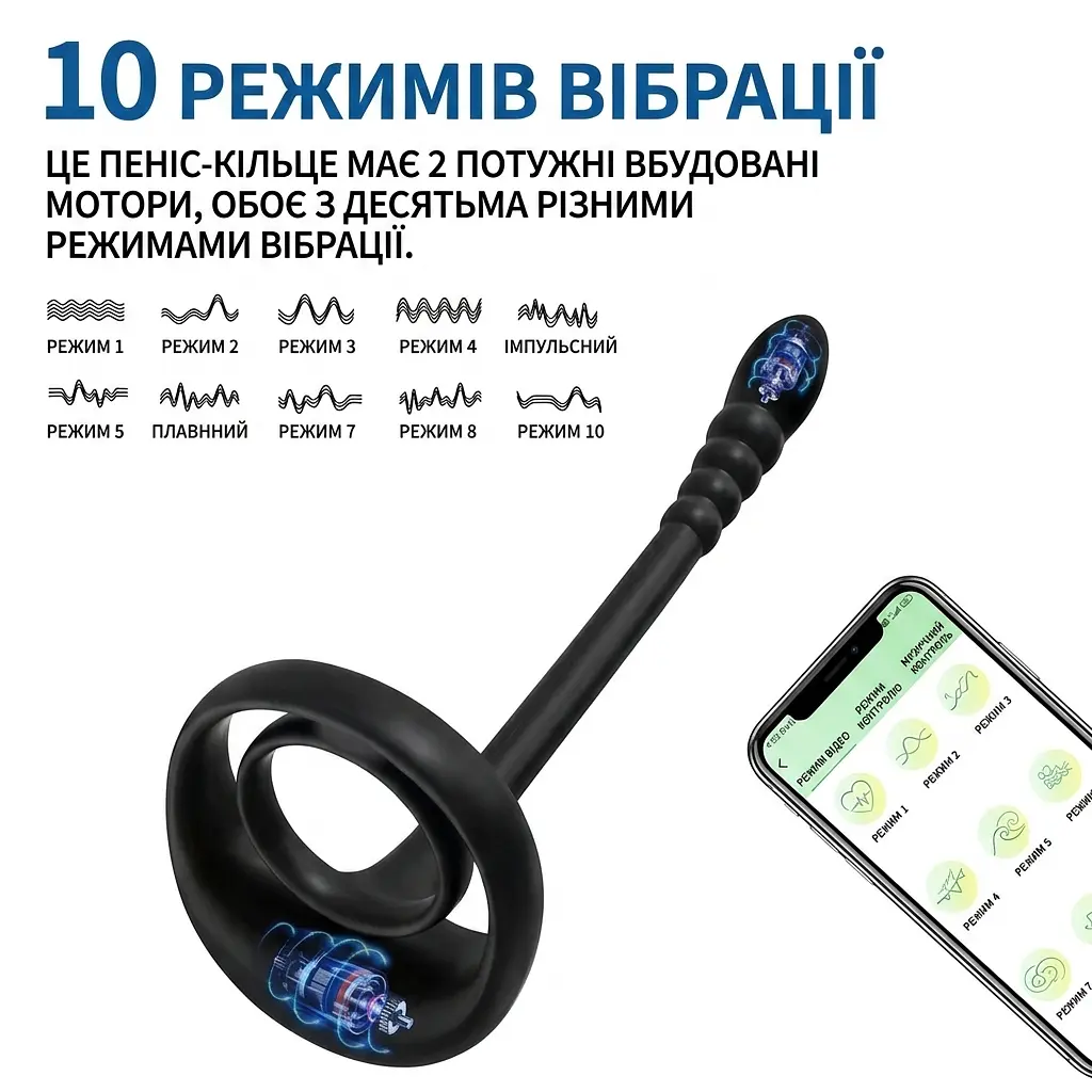 Кільце ерекційне силіконове для відтермінування еякуляції з вібрацією 9 режимів 35 мм Чорне - фото 6