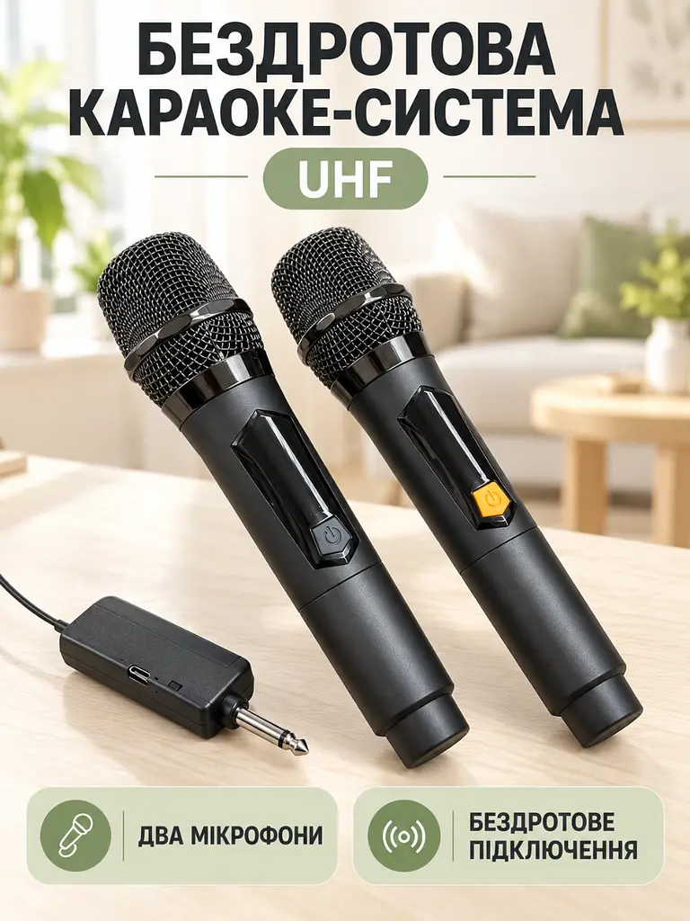 Акумуляторні бездротові мікрофони UHF 2 шт із приймачем для караоке чорні (37261121) - фото 2