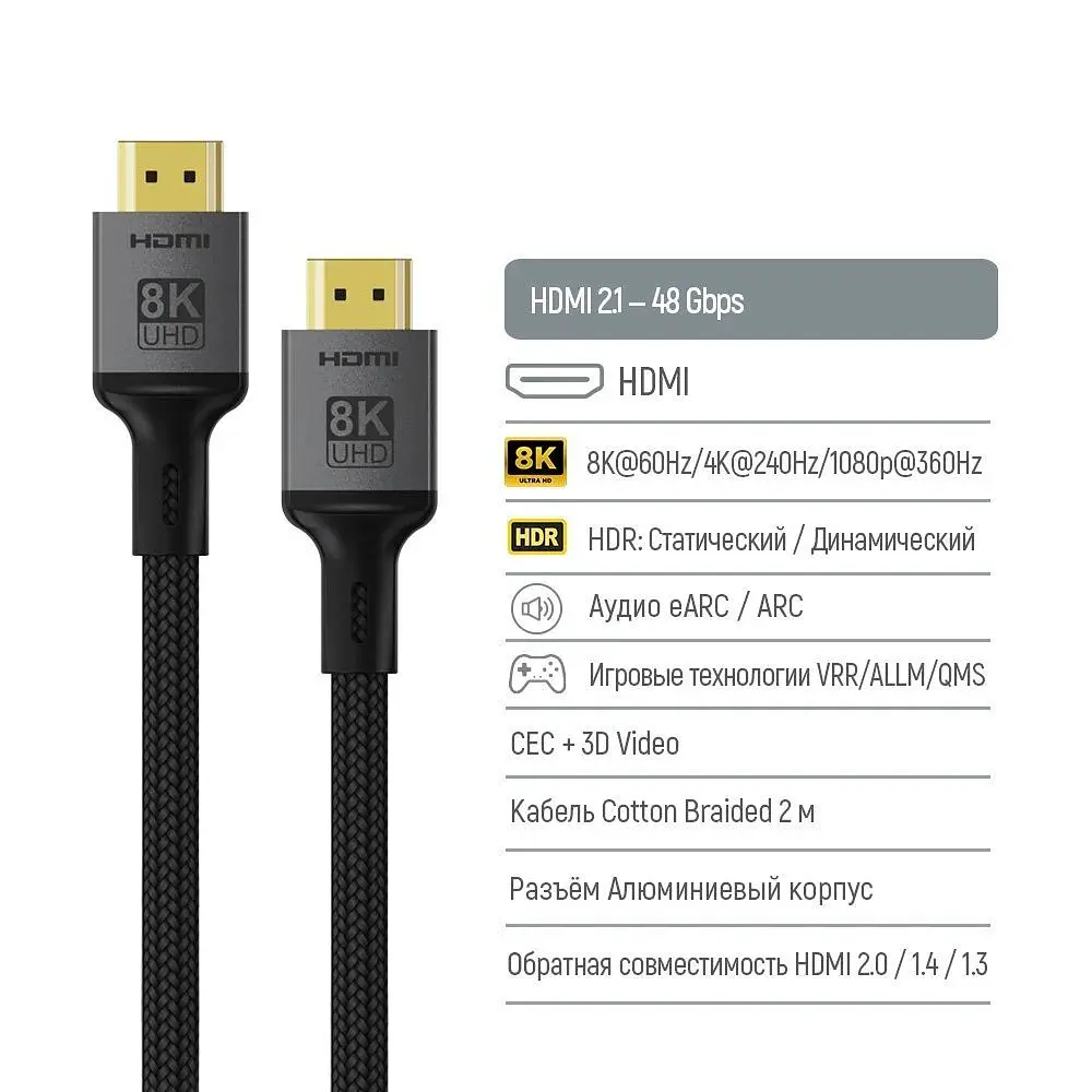 Кабель ColorWay HDMI-HDMI V2.1 8K 2м, Black (CW-CBHD088-BK) - фото 6