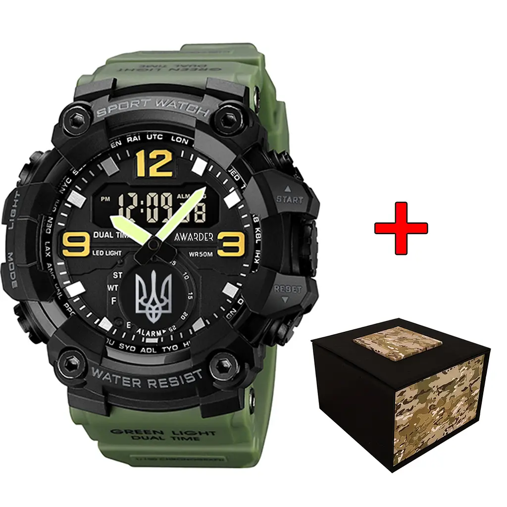 Чоловічий наручний годинник 003 Тризуб срібло Army Green-Black Awarder acs0032013