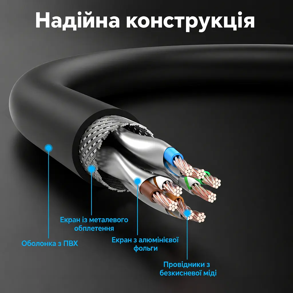 Кабель Ethernet Cat8 Vention 1 м патч-корд зі штекерами RJ45 на обох кінцях смуга пропускання 2000 МГц і швидкість передавання до 40 Гбіт/с фактична швидкість з’єднання залежить від можливостей портів обох пристроїв у комплекті 2 прозорі пилозахисні ковпачки RJ45 екранування фольгою та металевим обплетенням чорний (IKKBF) - фото 4