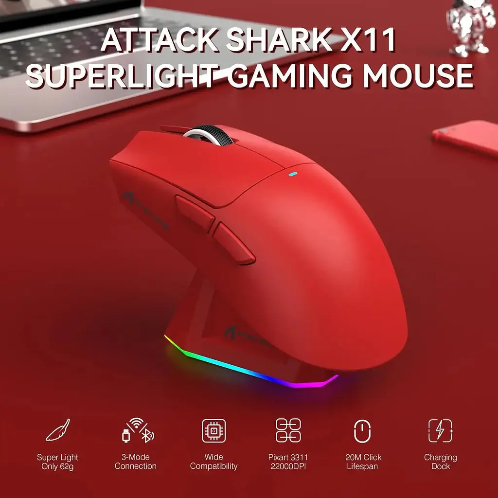 Компьютерная мышь Attack Shark X11 беспроводная, игровая, PAW3311, 22000 DPI 2,4G+Bluetooth Red - фото 9