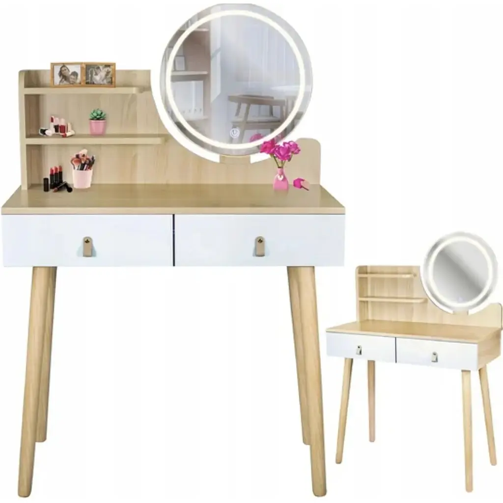 Туалетний столик Jumi Scandi LED підсвітка, з шухлядами, шкіряні ручки, світлий бук - фото 3