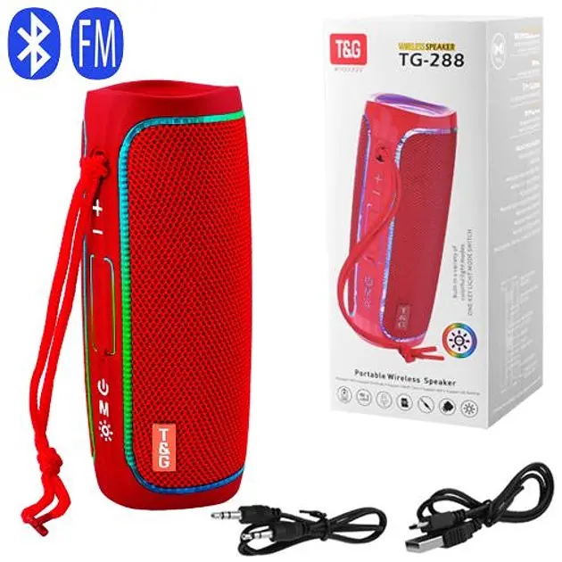 Портативна акумуляторна колонка 10W Bluetooth BT/USB/TF/FM з ремінцем та світломузикою 16см TG 288 червона - фото 2