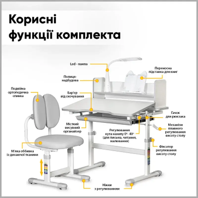 Парта зі стільцем ErgoKids Grey (+полиця+лампа) (BD-24 G) - фото 4