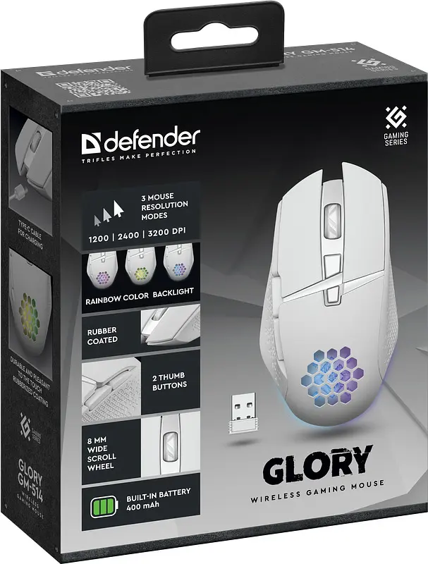 Мишка Defender Glory GM-514, ігрова, бездротова 3200dpi., 6кн., LED біла - фото 9