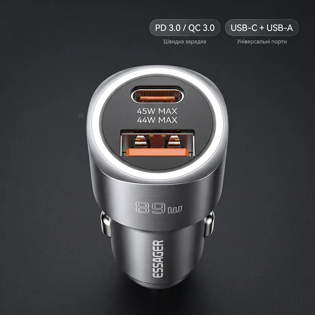 Essager Car Charger 89W 2 порта USB-C та USB-A Super Fast Charge PD QC 3.0 (сірий) - фото 3