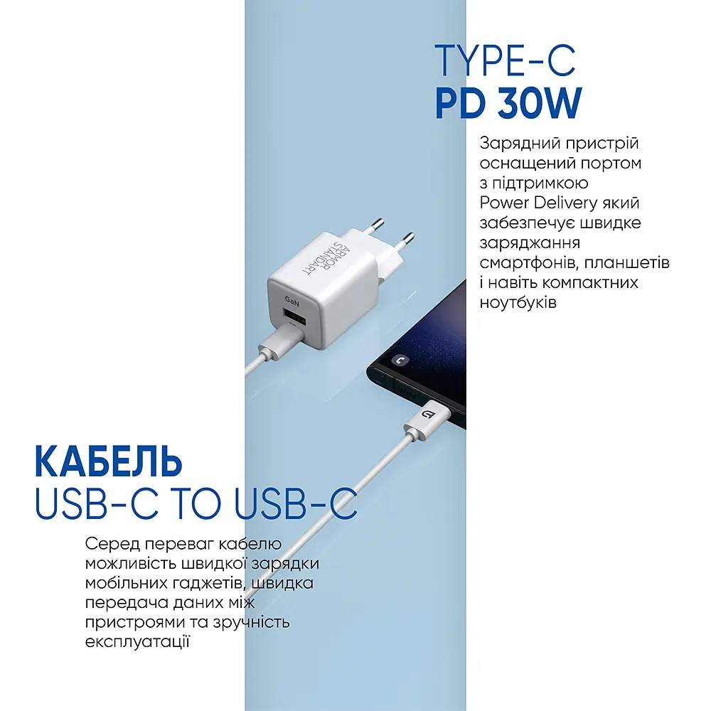 Комплект зарядний пристрій GaN 30W USB-C (PD 3.0) + USB-A (QC 18W), кабель USB-C to USB-C 1м в комплекті, підтримка Power Delivery та PPS, швидкий зарядний пристрій для планшетів та смартфонів, ArmorStandart (ARS82791) - фото 5