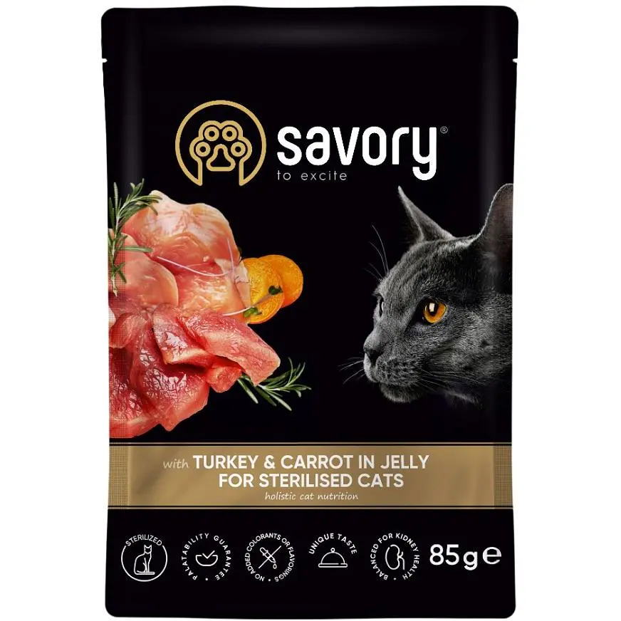 Набор влажных кормов Savory 3+1 для стерилизованных кошек, индейка с морковью в желе 340 г (4 шт. х 85 г) - фото 4