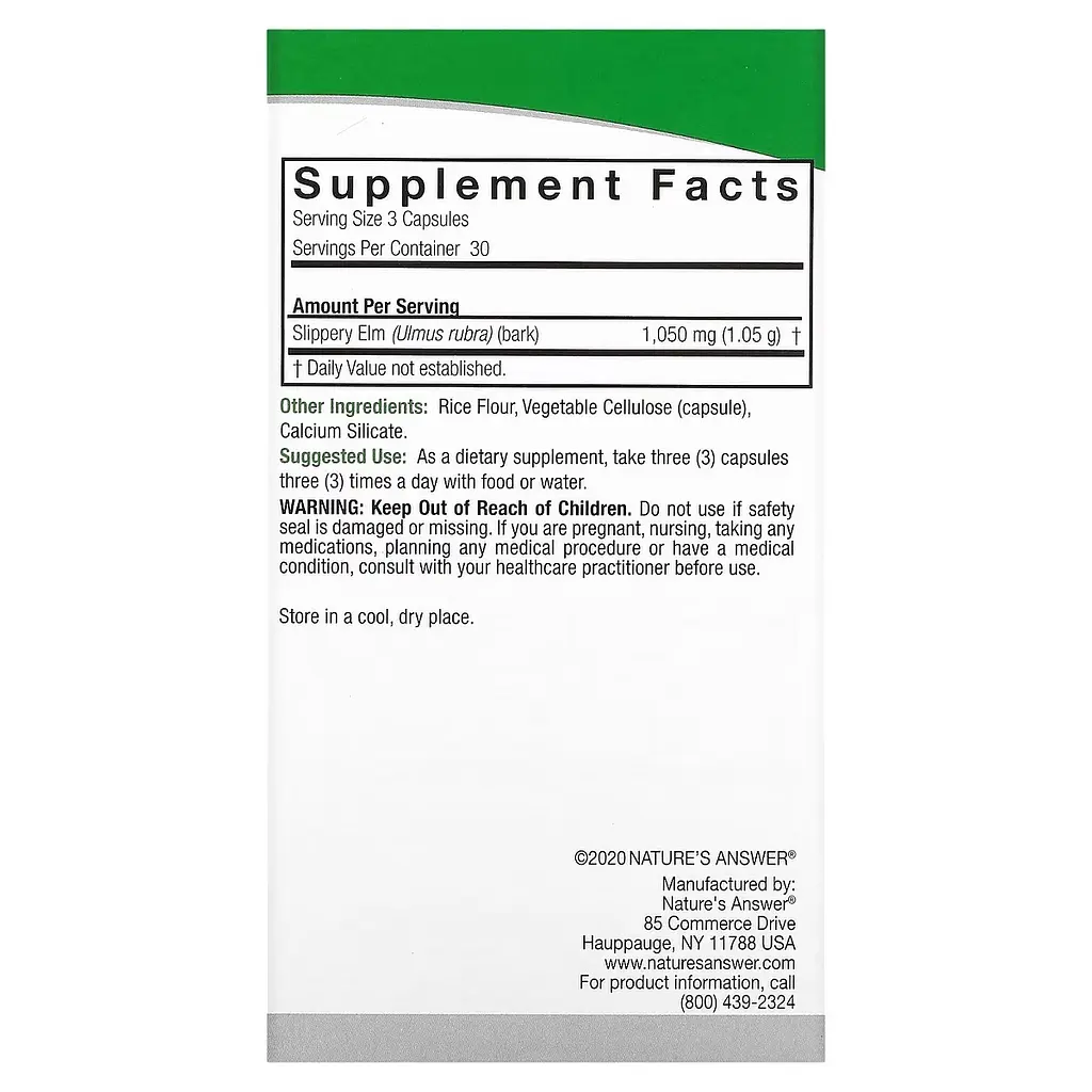 Слизький в'яз Nature's Answer Slippery Elm 1050 мг 90 вегетаріанських капсул - фото 3