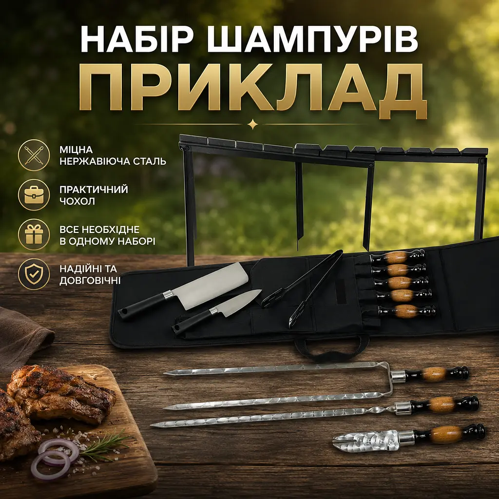 Набір шампурів з нержавіючої сталі у чохлі з аксесуарами та мангал рамкою "Приклад" - фото 2