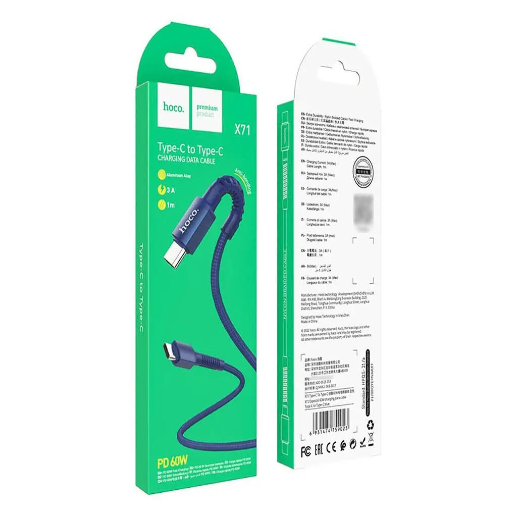 Кабель Hoco X71 Type-C to Type-C Especial 60W усиленное оплетение синий - фото 4