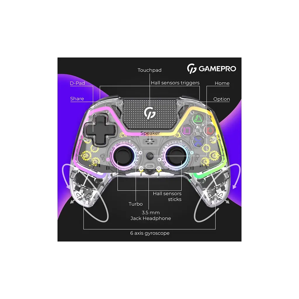 Геймпад GamePro GPS13T BT 5.3/USB/PC/iOS/Android/PS3/PS4 RGB Transparent (GPS13T) - фото 11