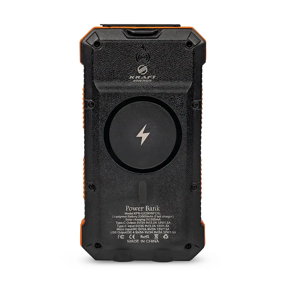 Повербанк с солнечной панелью 20000mAh Power Bank Kraft KPB-U2230WFCSL Orange беспроводная зарядка LED-фонарь (43-00064) - фото 2