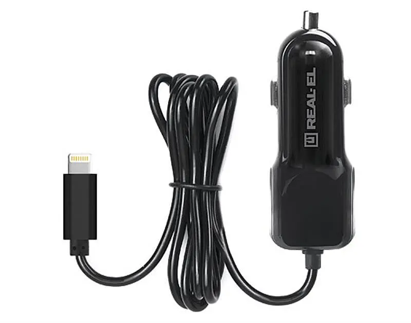 Автомобільний зарядний пристрій REAL-EL CA-17 (2USB, 2.1A) Чорний + кабель Lightning - фото 5