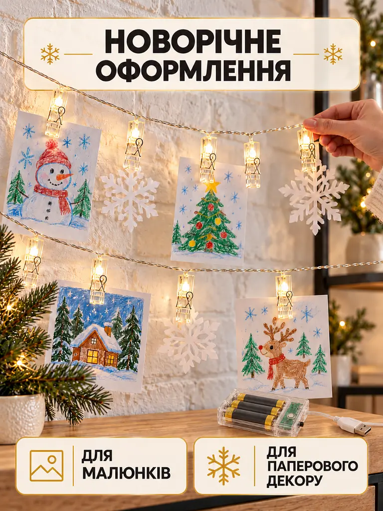 Світлодіодна гірлянда-прищіпки 3 м 20 LED від USB та батарейок для декору теплий білий (37261549) - фото 9