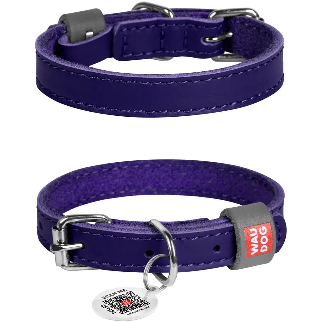 Нашийник для собак Waudog Classic, шкіряний, з QR паспортом, 21-29х1,2 см, фіолетовий - фото 3