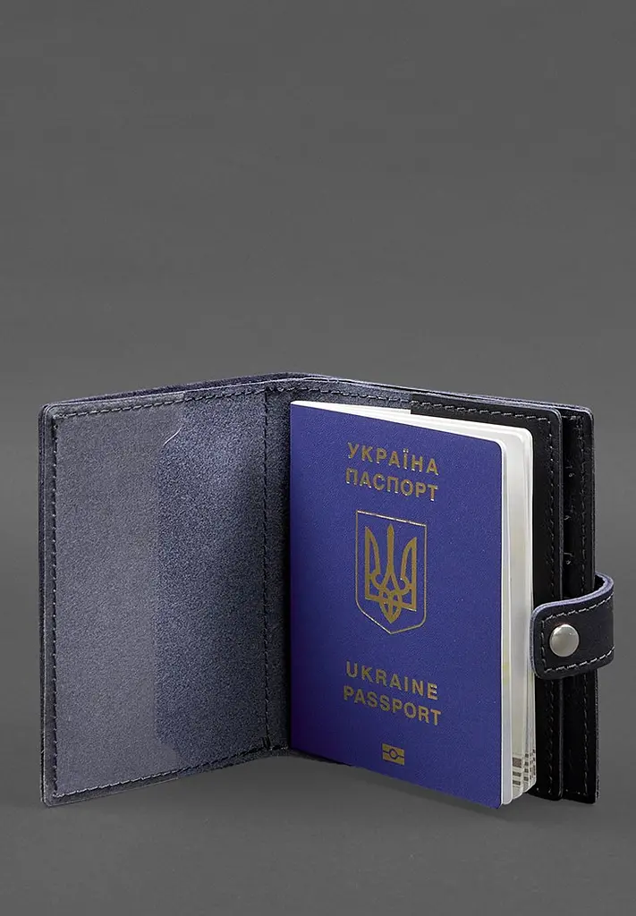 Шкіряна обкладинка-портмоне на паспорт з гербом України 25.0 темно-синя - фото 3