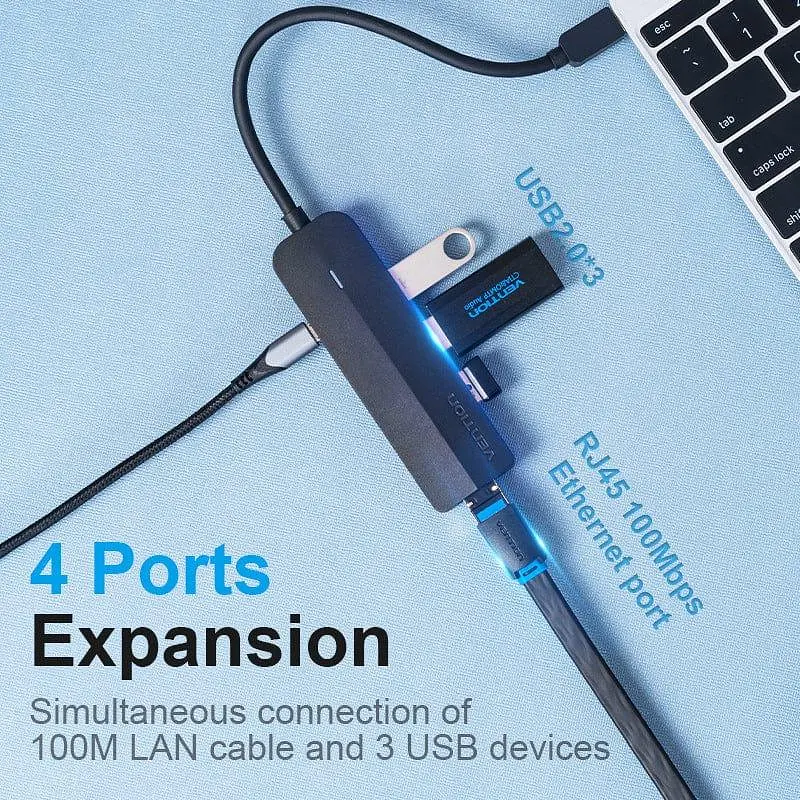 Хаб USB 3.1 Type-C -> 3xUSB 2.0/MicroUSB/RJ45 100Mb Ethernet Чорний Vention - фото 4