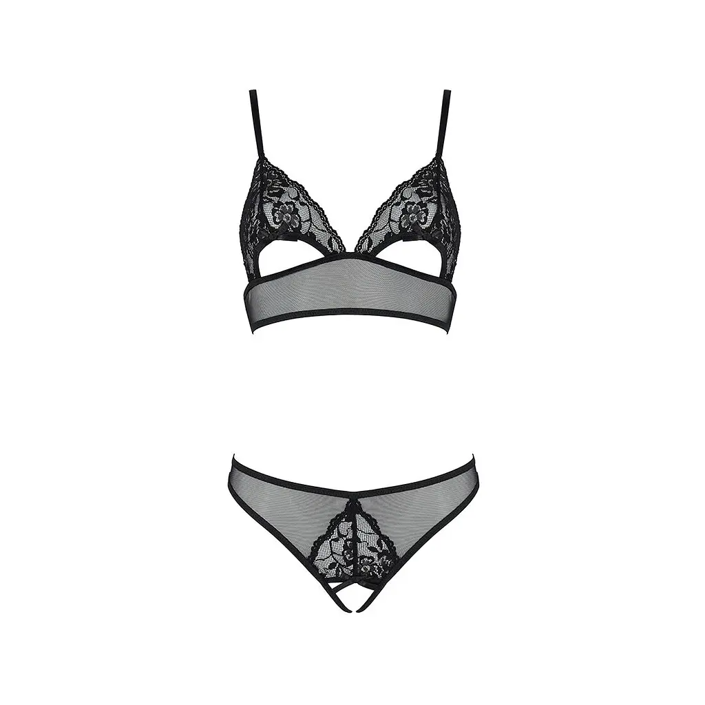 Комплект із бралету з ажурним ліфом та відкритими трусиками Passion CHRISTA SET Open Bra S/M black - фото 3