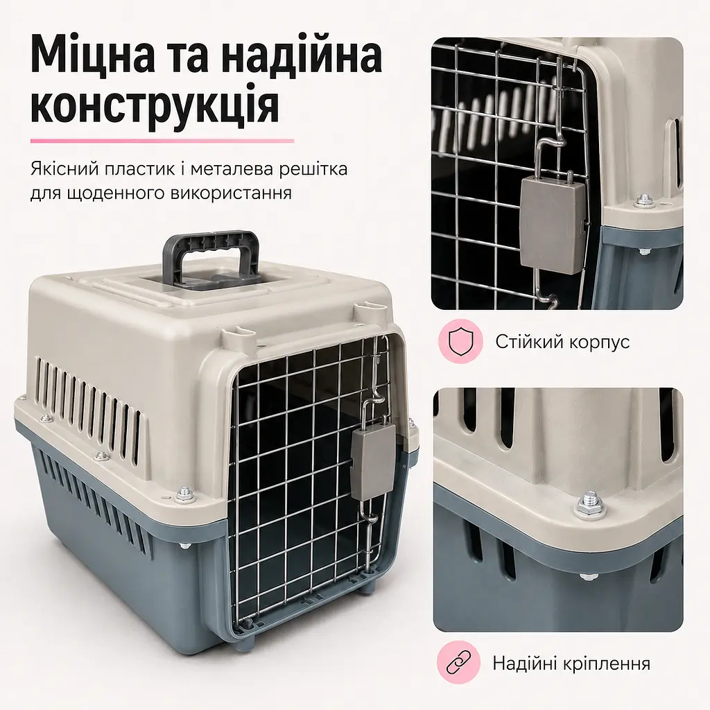 Переноска для котів і собак до 12 кг 48×32×30 - вентильована з комплектом (підвісна миска та пластикова підлога) KT8002002 - фото 10