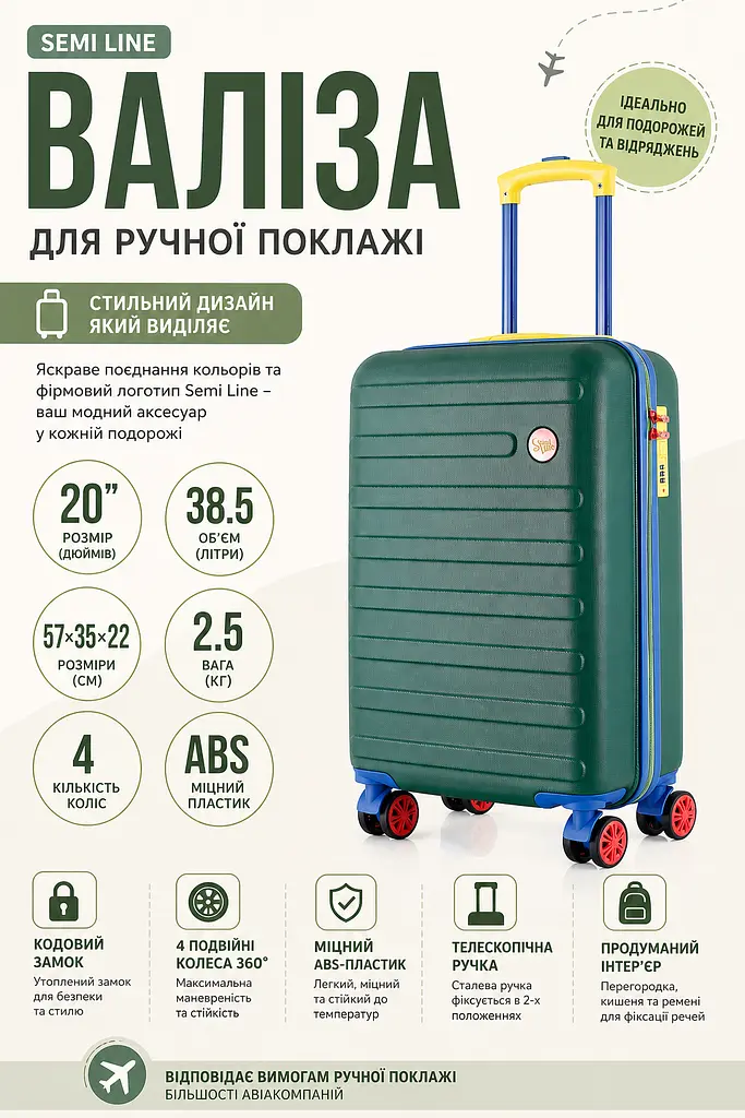 Валіза маленька Semi Line T5846-1 ABS-пластик 20 дюймів 38.5 л для ручної поклажі Зелений - фото 3