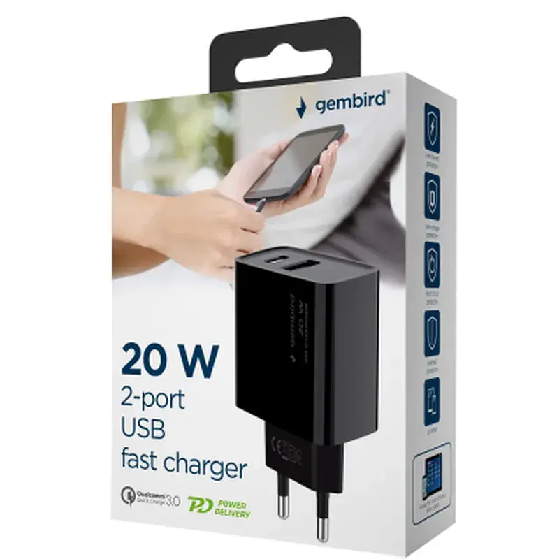 Зарядний пристрій Gembird 1xUSB-A + 1 Type-C (PD20Вт + QC3.0 18Вт) black (TA-UC-PDQC20-01-BK) - фото 6