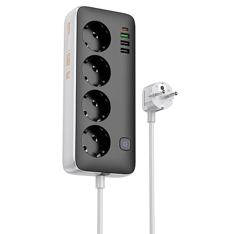 Подовжувач Hoco AC22 Sunlight (PD30W/1C/3A/4xSocket) (1.5m) Black - фото 1