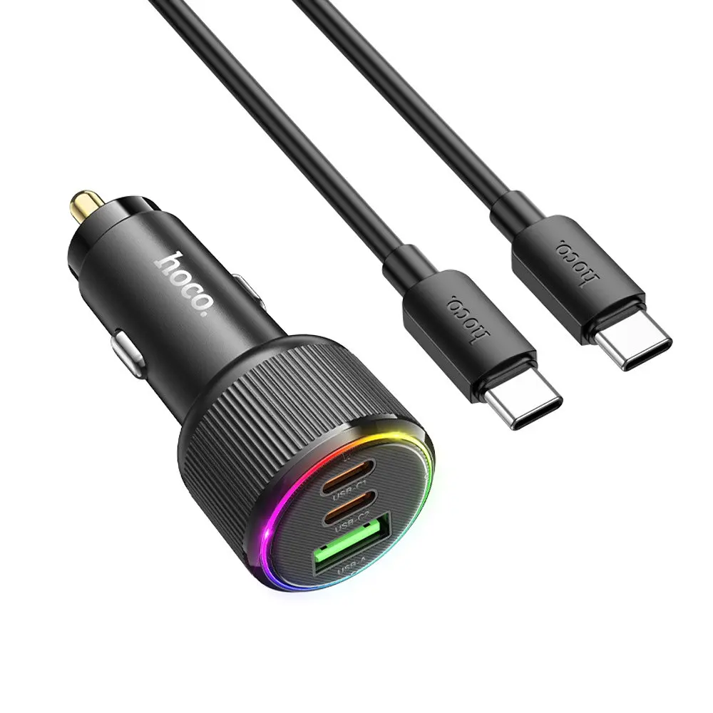 Автомобільний зарядний пристрій Hoco NZ17 USB/2 Type-C PD 75W чорний + кабель Type-C to Type-C - фото 3