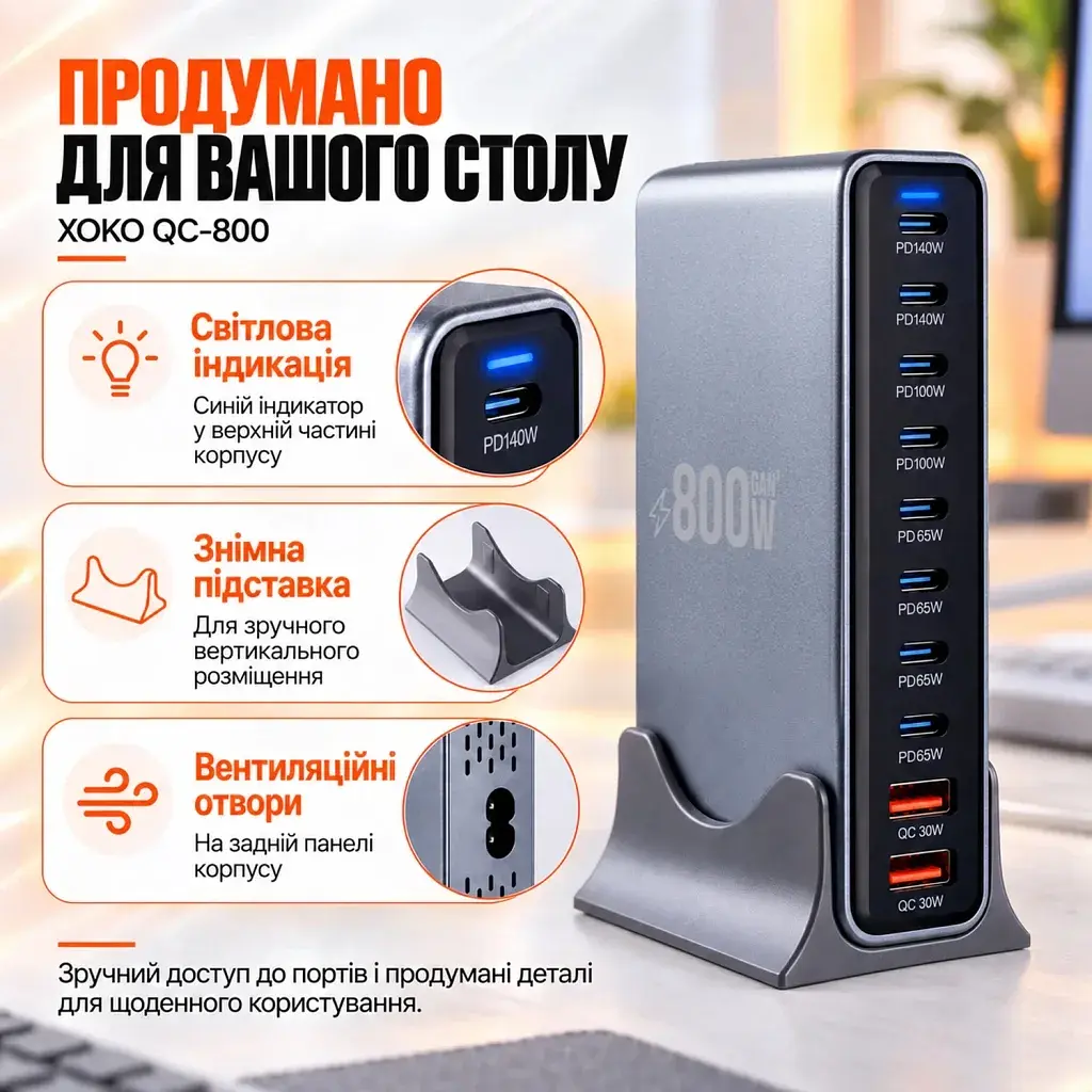 Зарядний пристрій XoKo 8xUSB-C PD 65 - 140W + 2xUSB QC30W GaN3 800W (XK-QC-800) - фото 12