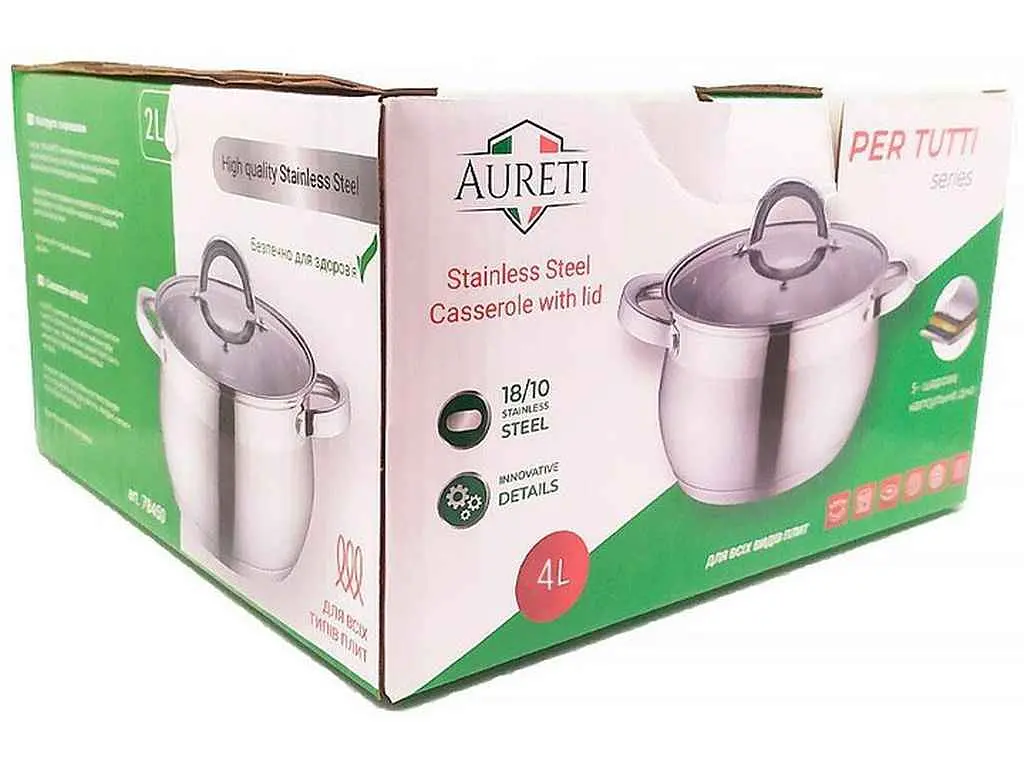Каструля AURETI 4л 78452 нерж, скло кришка, 5ти шарове індук дно, мірна шкала PER TUTTI - фото 3