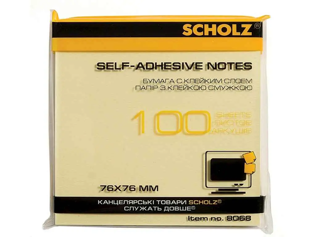 Папір клейкий SCHOLZ , 76х76мм, 100арк. жовтий, 8068 - фото 2