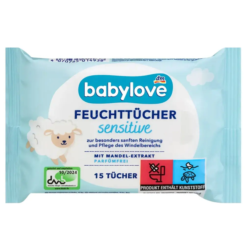 Вологі серветки для вмивання немовлят Babylove, 15 шт