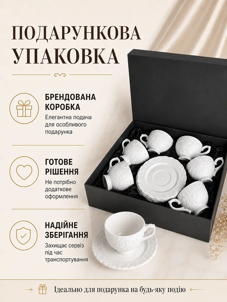 Чайний сервіз з порцеляни 12 предметів на 6 персон для дому білий (37261975) - фото 3