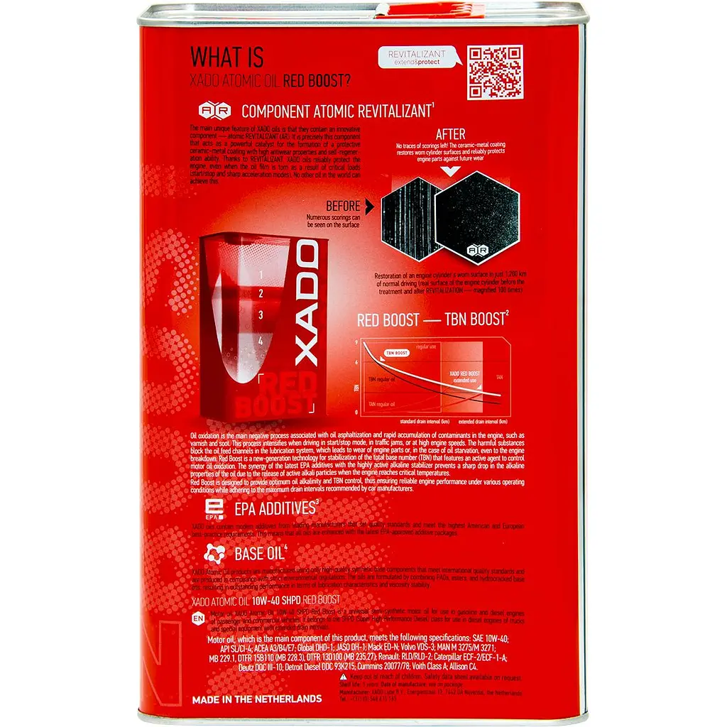 Моторное масло XADO 10W-40 SHPD (SL/CI-4) Red Boost полусинтетическое 4 л - фото 3