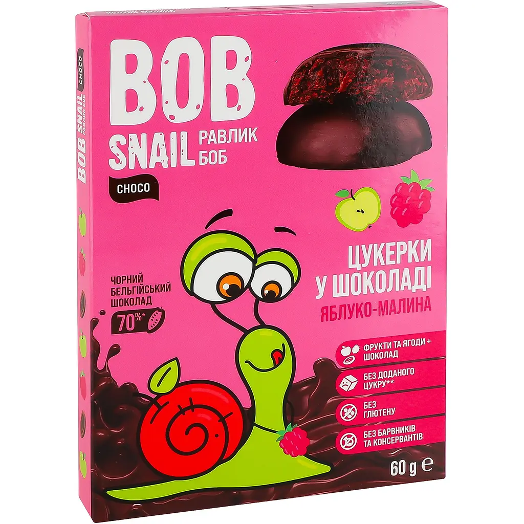 Натуральні цукерки Bob Snail Яблуко-Малина у чорному шоколаді, 60 г - фото 2