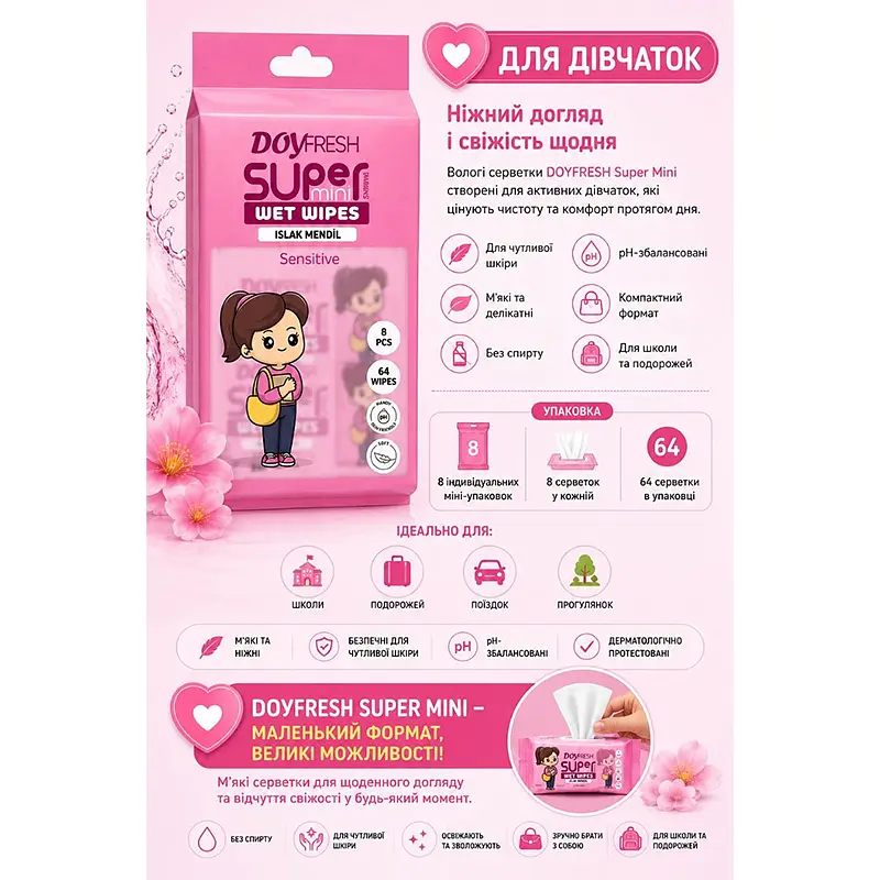 Серветки вологі Doy fresh 8*8 шт. рожеві - фото 4
