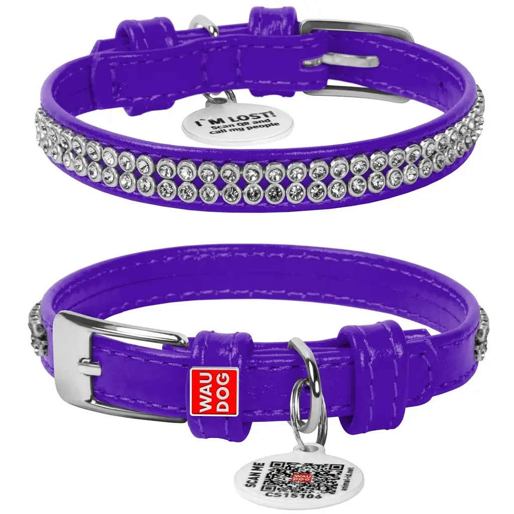 Нашийник для собак Waudog Glamour, шкіряний, зі стразами, з QR паспортом, S, 21-29х1,2 см, фіолетовий - фото 3