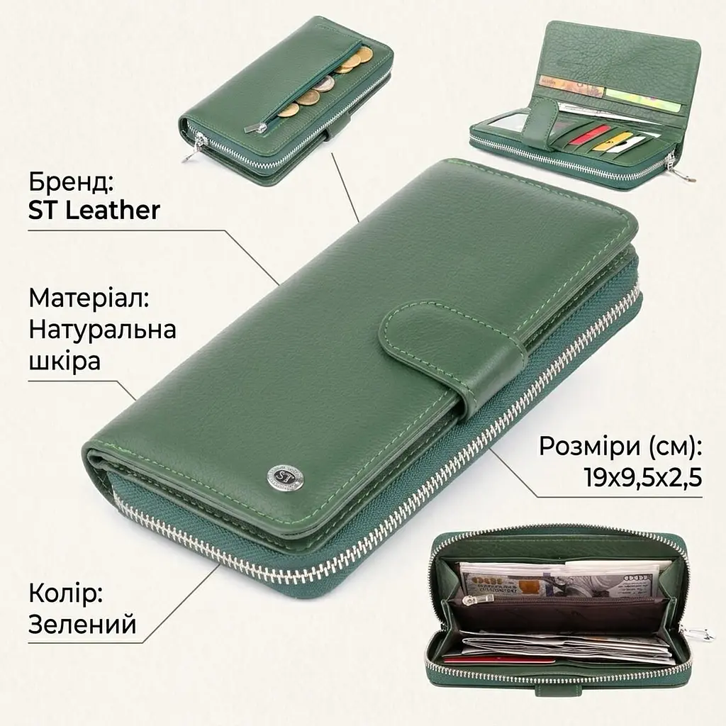 Вертикальний місткий гаманець зі шкіри унісекс ST Leather 19304 зелений - фото 2