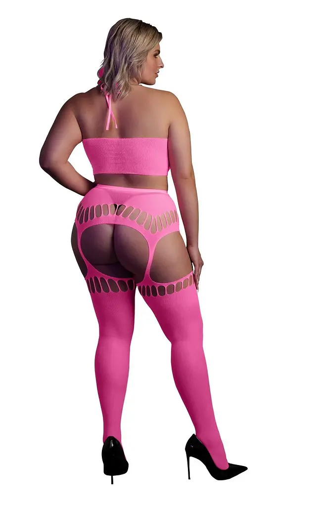 Комплект білизни Ouch! Two Piece with Crop Top and Stockings, XL/XXXXL (рожевий) - фото 2