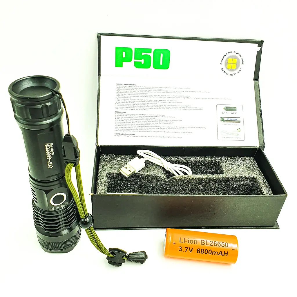 Ліхтар акумуляторний ручний металевий ліхтарик із зумом 26650 battery BL X71 P50 чорний